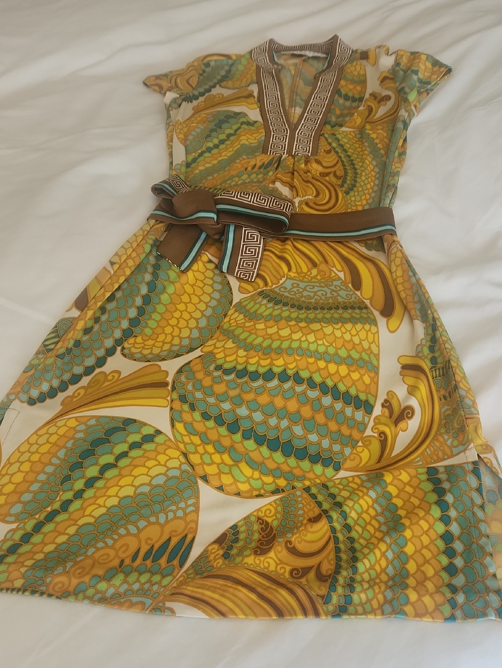 Trina Turk Yellow Teal Printed Midi Dress with Brown Belt